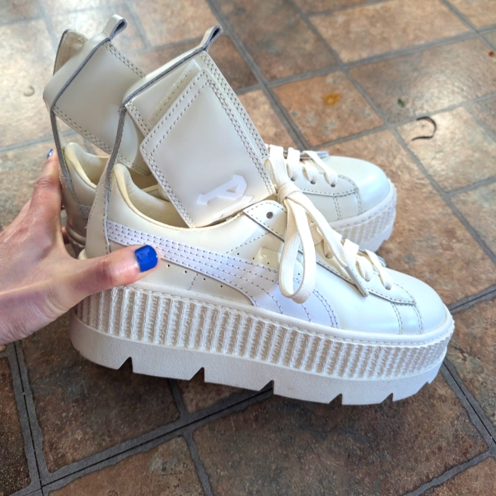 Puma White Platform Sneakers with Ankle Bands | Genuine Leather | Size 7